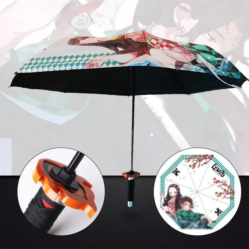 Demon Slayer Kokushibo Katana Umbrella 3-folding Kimetsu No Yaiba Tanjirou Anime Sword Umbrella Portable Windproof Rain Gear