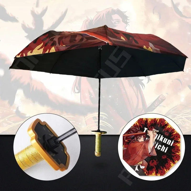 Demon Slayer Kokushibo Katana Umbrella 3-folding Kimetsu No Yaiba Tanjirou Anime Sword Umbrella Portable Windproof Rain Gear