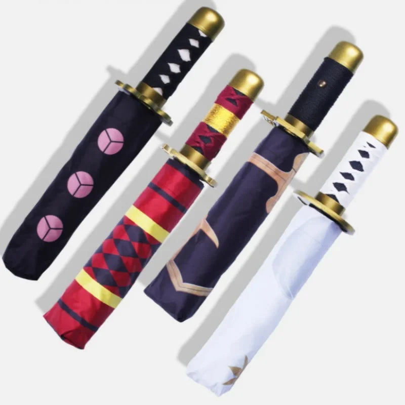 Demon Slayer Kokushibo Katana Umbrella 3-folding Kimetsu No Yaiba Tanjirou Anime Sword Umbrella Portable Windproof Rain Gear