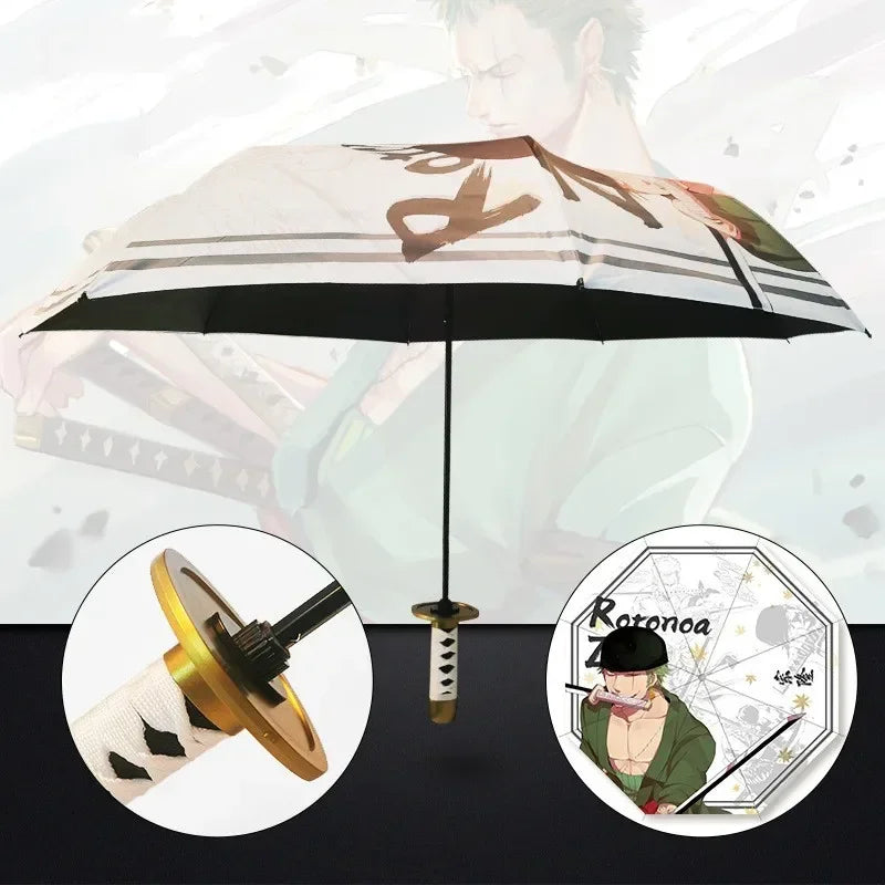 Demon Slayer Kokushibo Katana Umbrella 3-folding Kimetsu No Yaiba Tanjirou Anime Sword Umbrella Portable Windproof Rain Gear