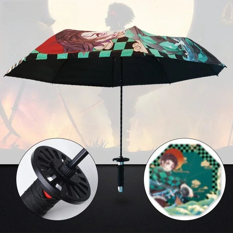 Demon Slayer Kokushibo Katana Umbrella 3-folding Kimetsu No Yaiba Tanjirou Anime Sword Umbrella Portable Windproof Rain Gear