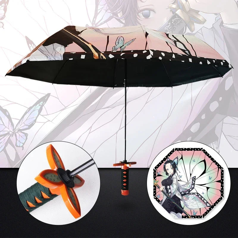 Demon Slayer Kokushibo Katana Umbrella 3-folding Kimetsu No Yaiba Tanjirou Anime Sword Umbrella Portable Windproof Rain Gear