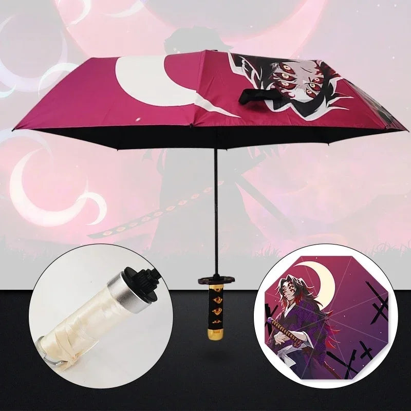 Demon Slayer Kokushibo Katana Umbrella 3-folding Kimetsu No Yaiba Tanjirou Anime Sword Umbrella Portable Windproof Rain Gear