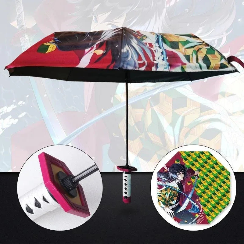 Demon Slayer Kokushibo Katana Umbrella 3-folding Kimetsu No Yaiba Tanjirou Anime Sword Umbrella Portable Windproof Rain Gear