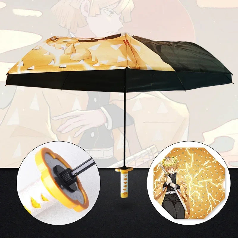 Demon Slayer Kokushibo Katana Umbrella 3-folding Kimetsu No Yaiba Tanjirou Anime Sword Umbrella Portable Windproof Rain Gear